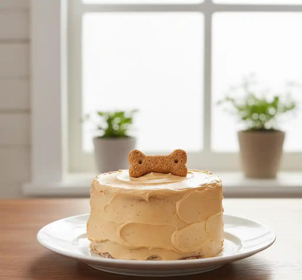 A finished grain-free dog birthday cake with yogurt frosting and a bone treat topper.