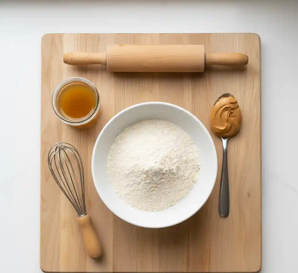 Ingredients for making homemade dog pill pockets including oat flour and peanut butter.
