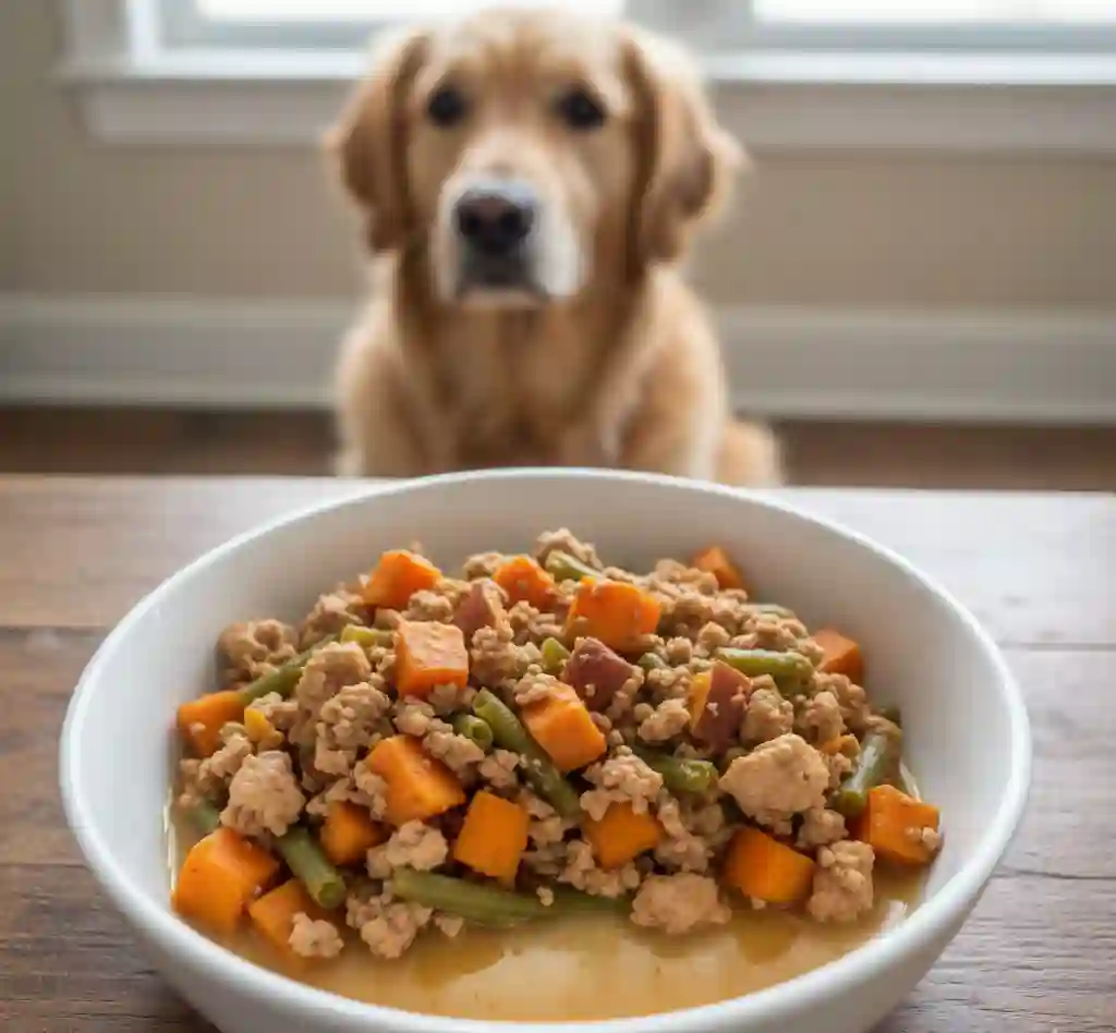 A bowl of cooked low-fat turkey and sweet potato stew ready to be served to a dog.