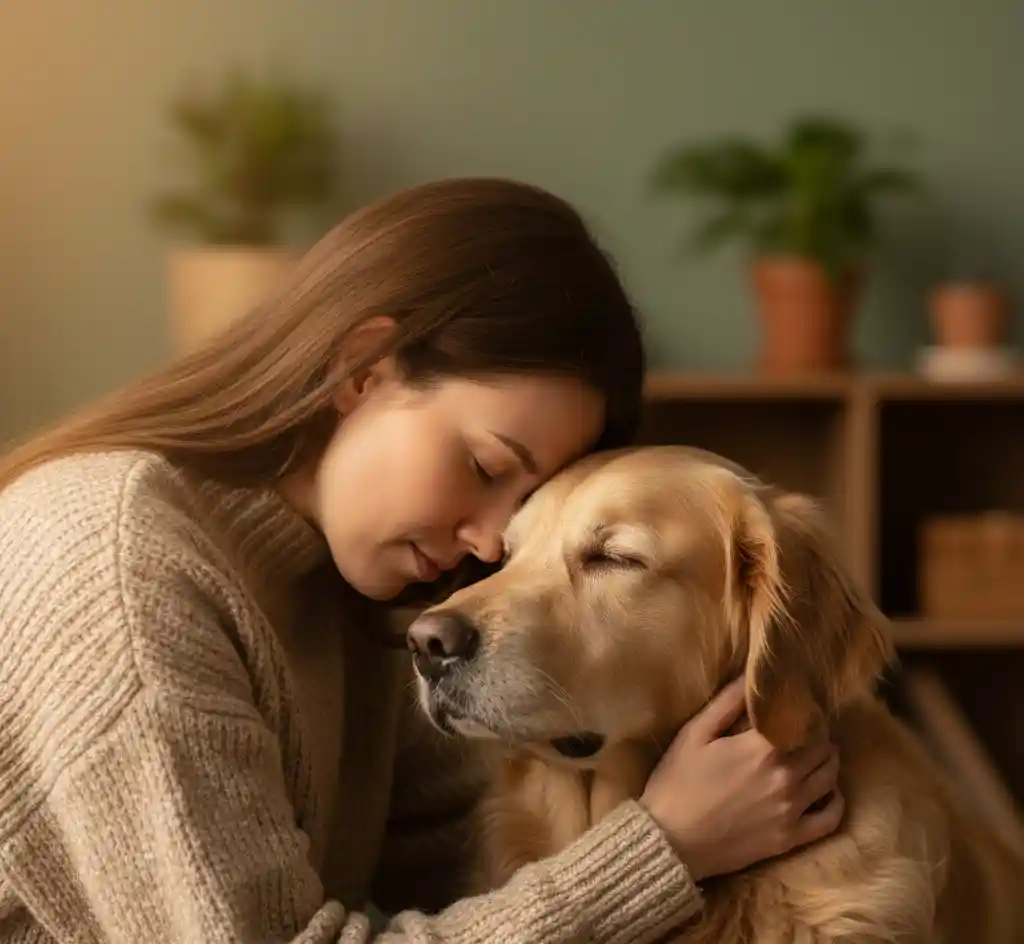 A pet owner hugging her dog, symbolizing stress relief and emotional bonding.