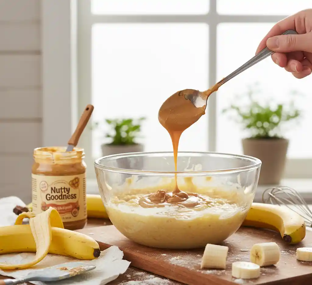 Ingredients for homemade dog birthday cake including mashed banana, peanut butter, and eggs.