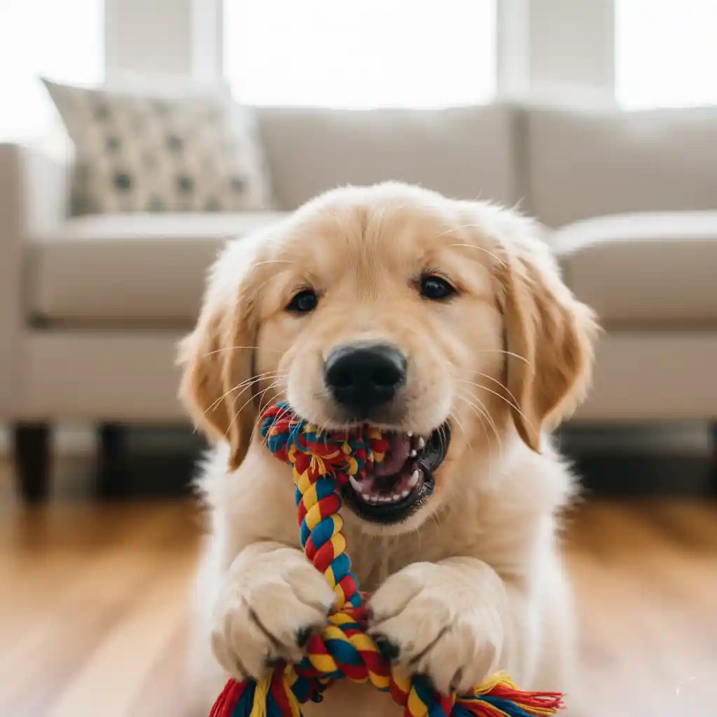 A puppy chewing on a rope toy, demonstrating proper redirection training for biting.