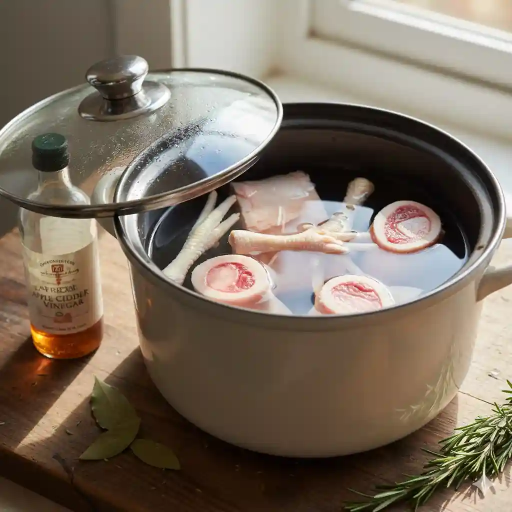 Raw beef marrow bones and chicken feet in a slow cooker, ingredients for homemade dog bone broth.