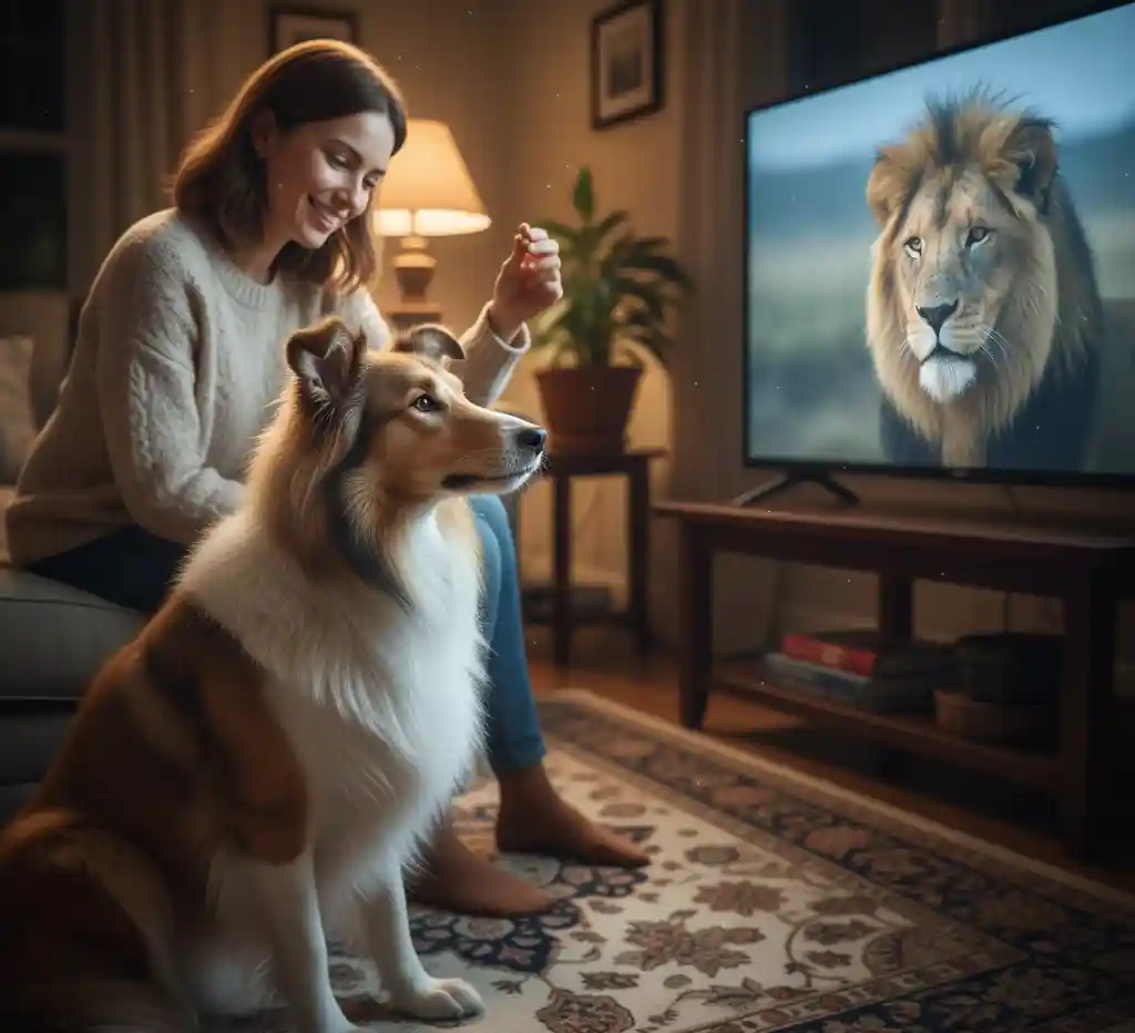 A dog owner rewarding their dog with a treat for staying calm while the television is on.