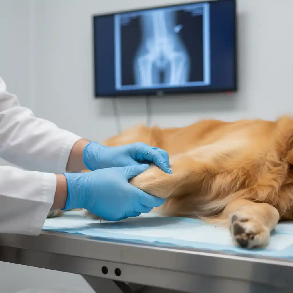 A veterinarian performing a physical exam on a dog's knee to diagnose a cruciate ligament tear.