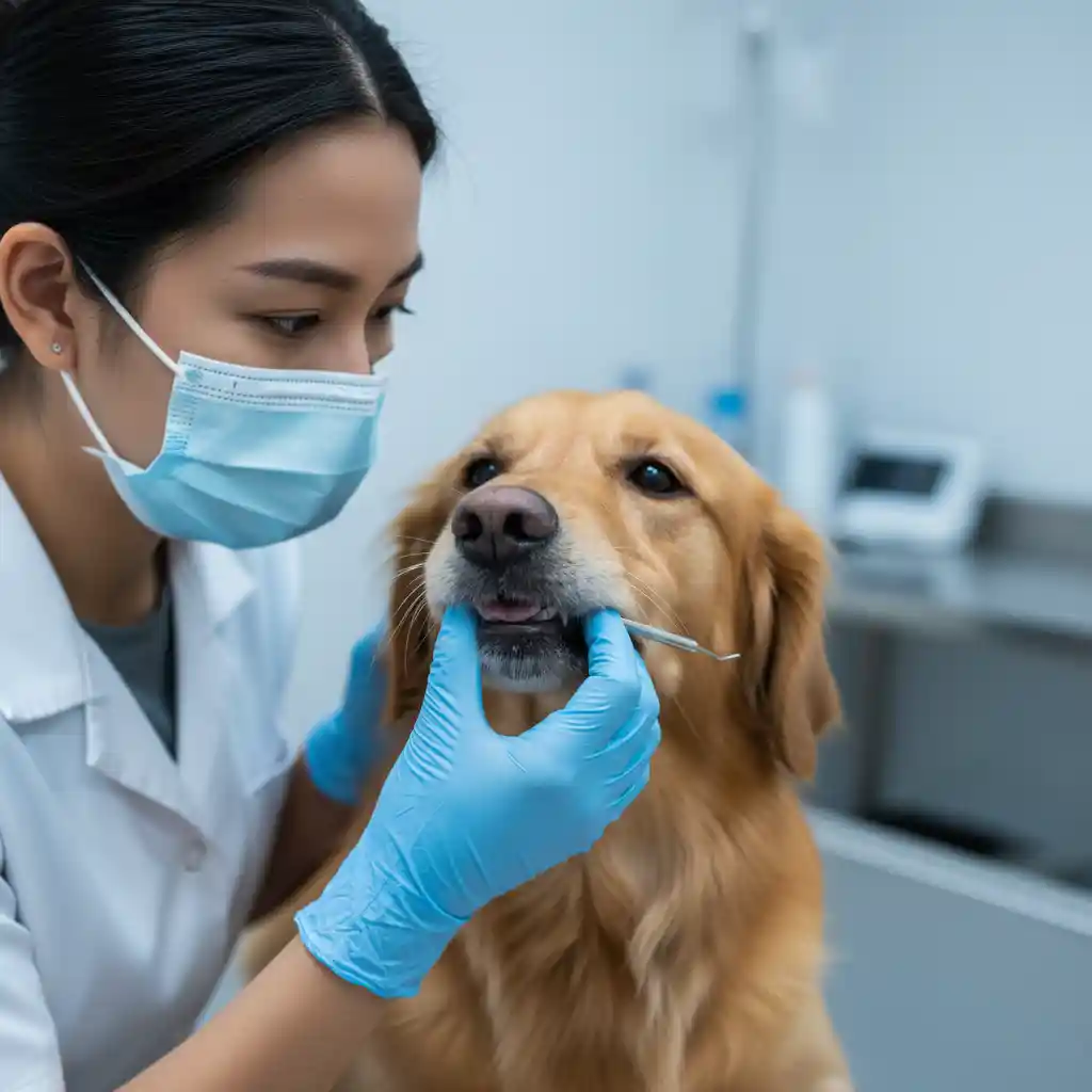 A veterinarian performing a dental exam on a dog to check for periodontal disease.