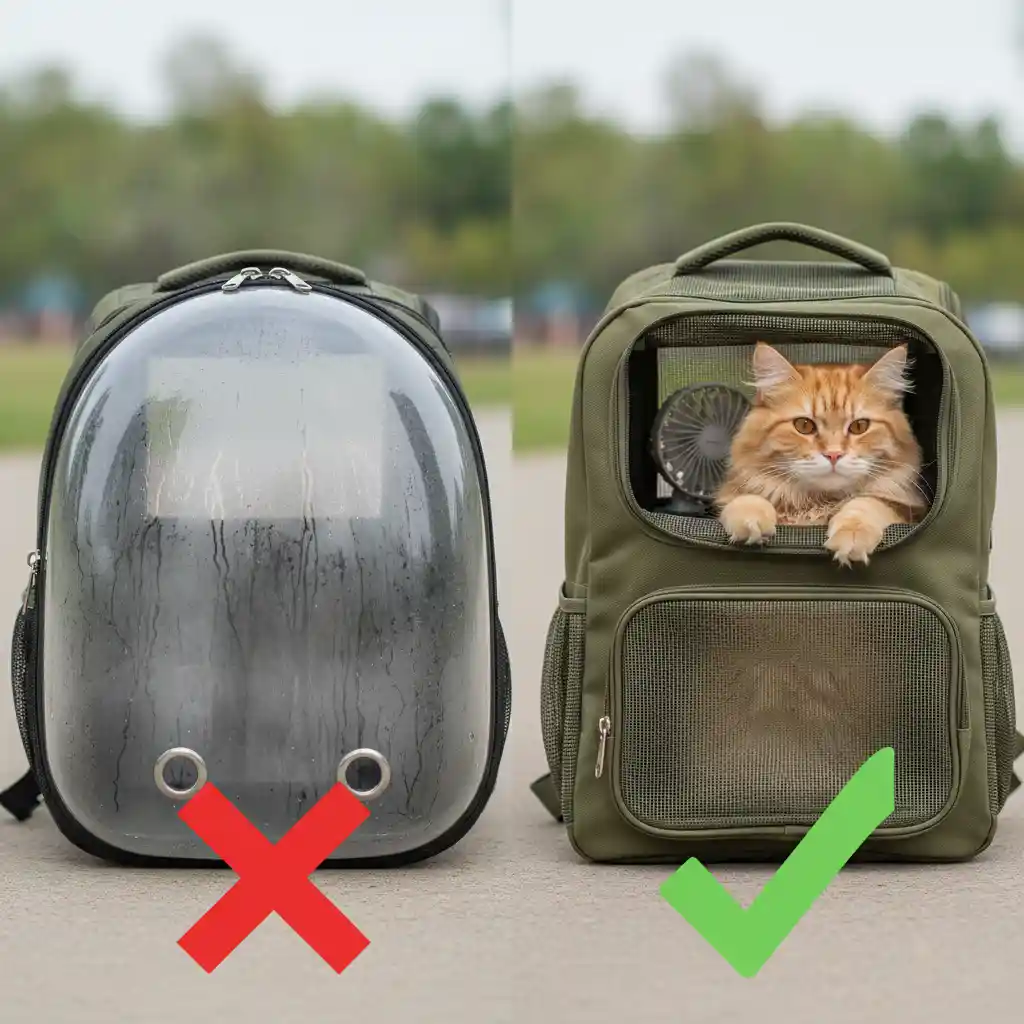 Comparison of dangerous plastic bubble cat backpacks versus safe mesh ventilated carriers.