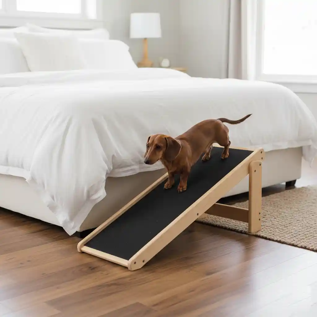 A Dachshund using a non-slip wooden ramp to get off a high bed safely.