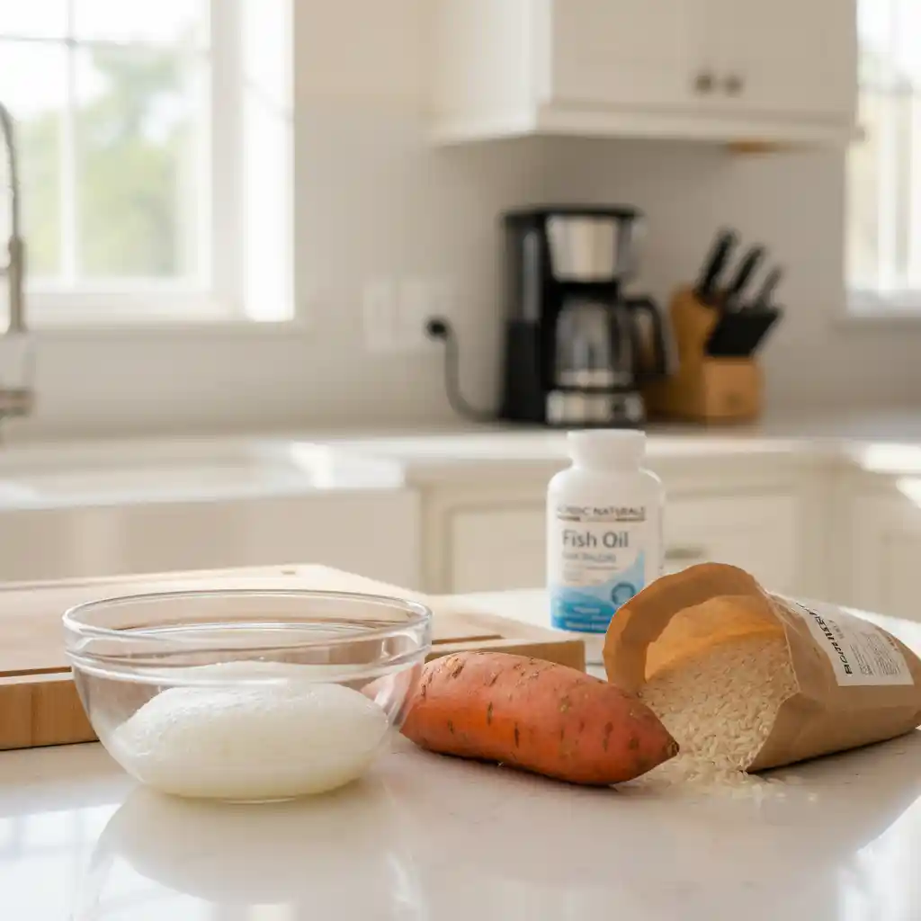 Ingredients for homemade kidney disease dog food including egg whites and sweet potatoes.