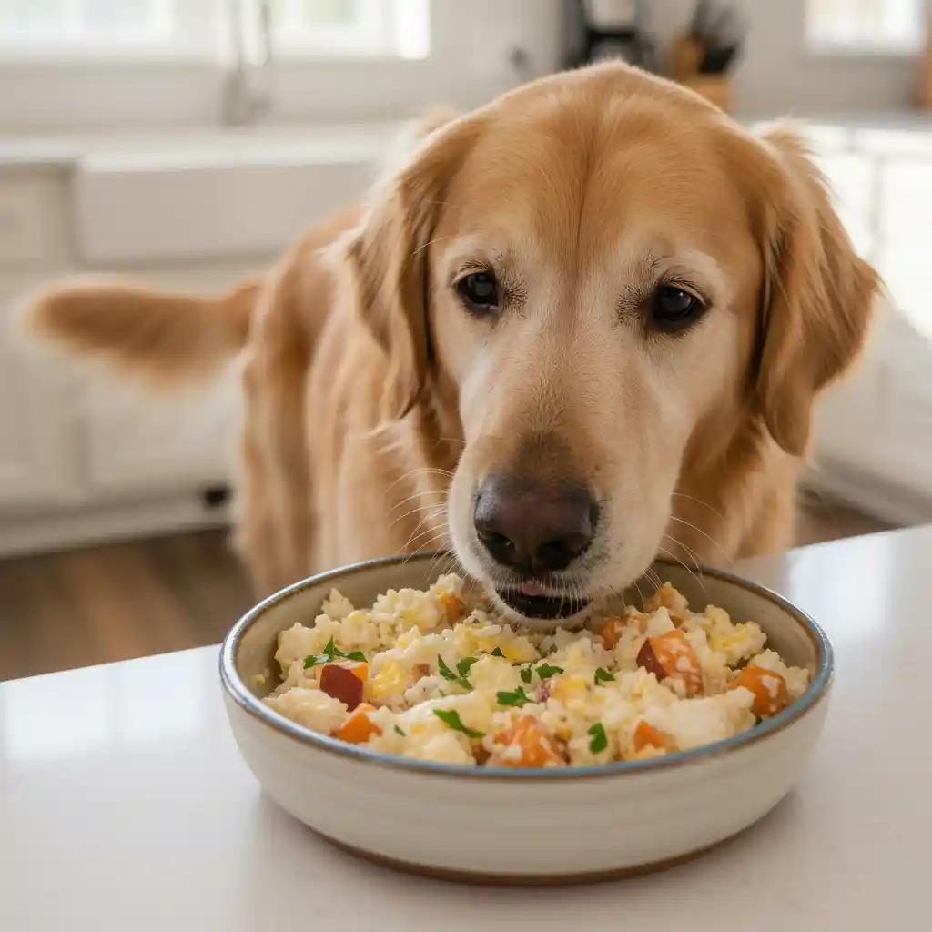 A senior dog enjoying a bowl of homemade low-phosphorus food.