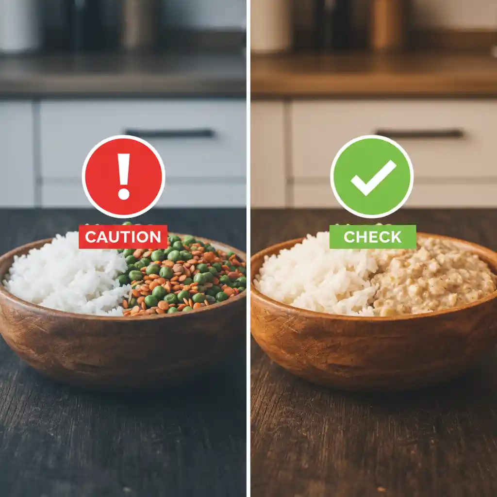 Comparison of dog food carbohydrate sources showing rice as a safer option than peas and lentils.