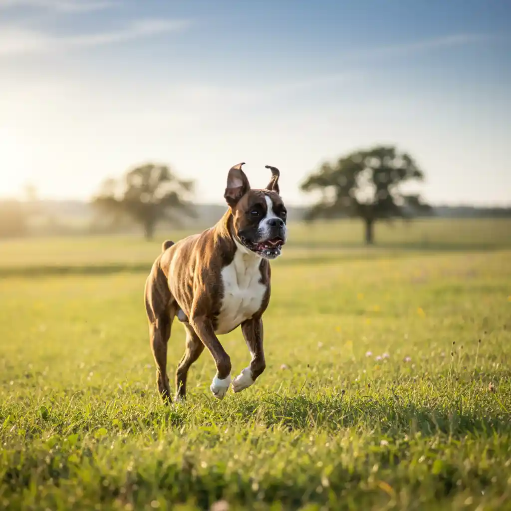 An energetic Boxer dog running freely, representing good heart health after proper nutrition.